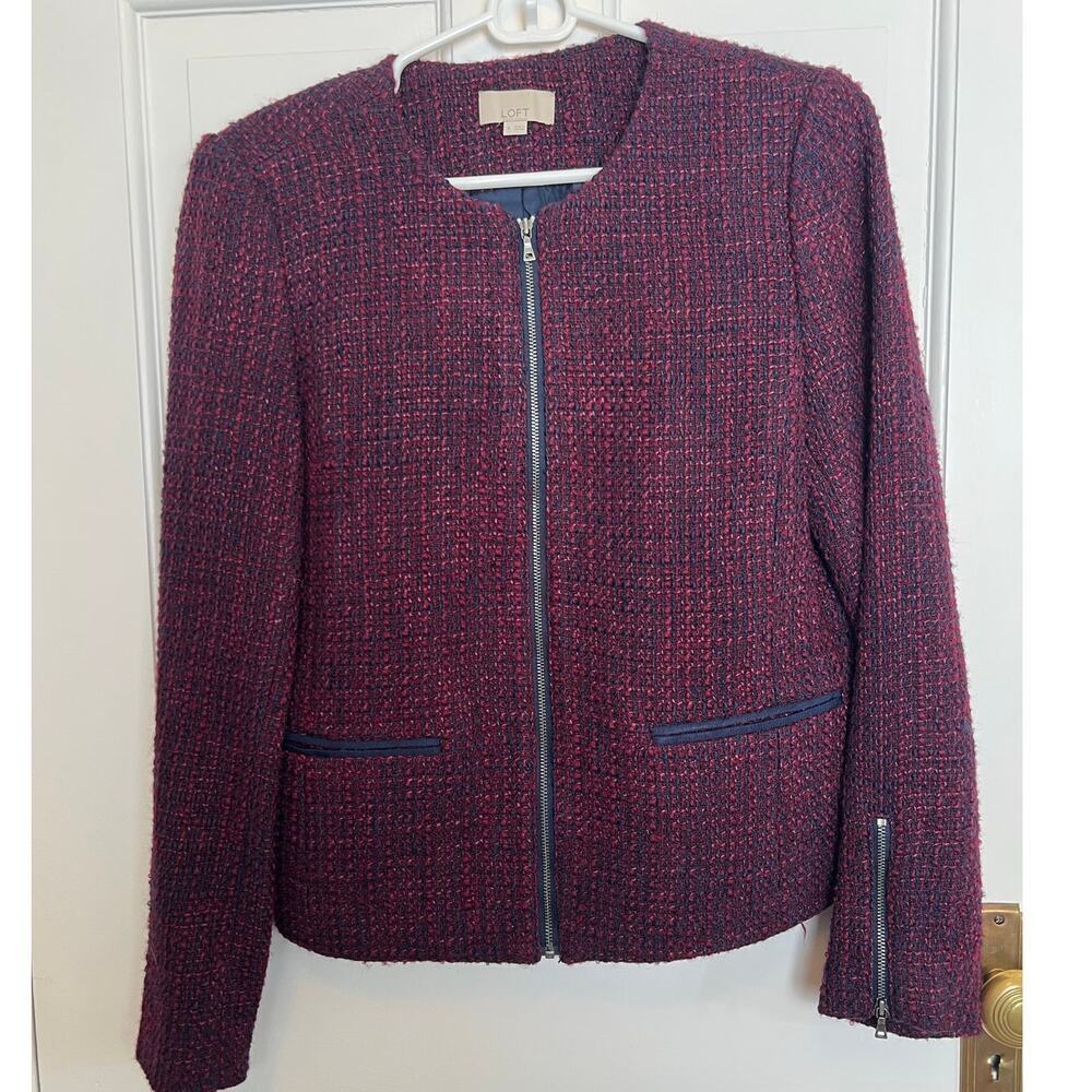 Loft Tweed Zip Up Jacket Blazer Burgundy Navy Trim Wool Blend Women's 4 Work